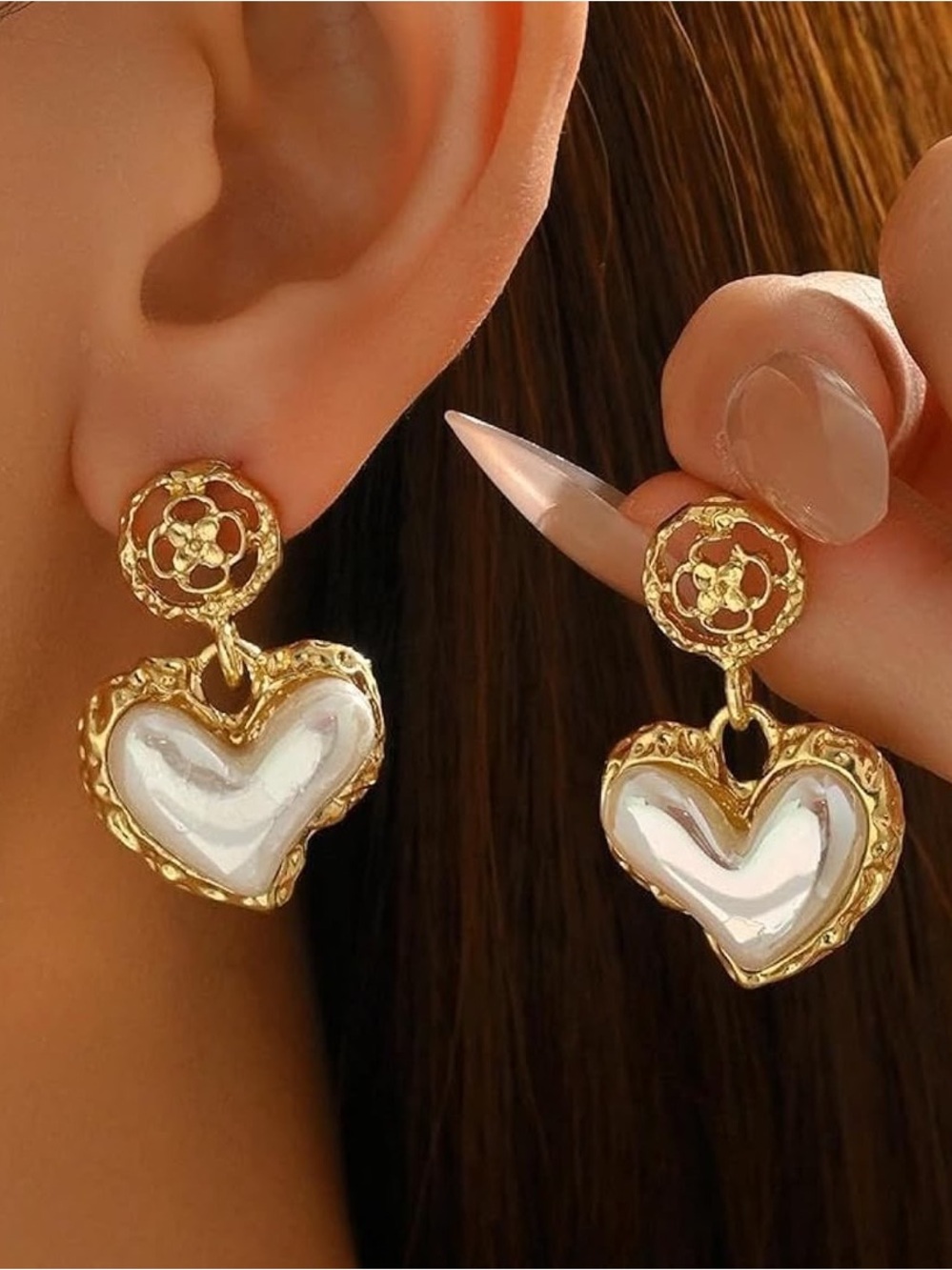 Anthropologie Gold Tone and Pearl Heart Drop Earrings - Women Jewelry
